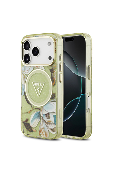 Guess iPhone 17 Pro Case Licensed M-Safeli Glittery Floral Pattern Metal Camera Frame Cover Green