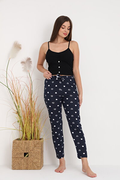 Serena Women's navy blue pajama pants with white hearts, loose fit, cotton & polyester