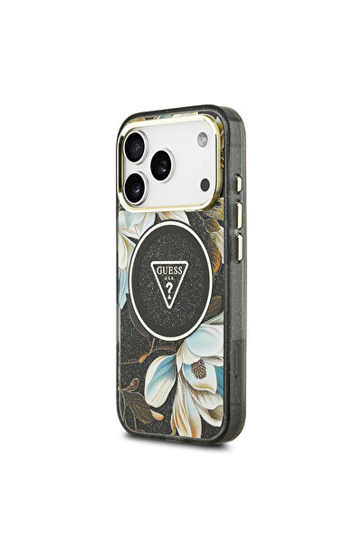 Guess iPhone 17 Pro Max Case Licensed M-Safeli Glittery Floral Pattern Metal Camera Frame Black