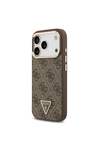 Guess iPhone 17 Pro Case Licensed M-Safeli Gold Camera Frame with Stone Triangle Logo 4g Patterned Coffee
