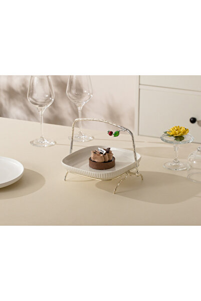 Malooki Porcelain serving platter with decorated metal stand, 25 cm