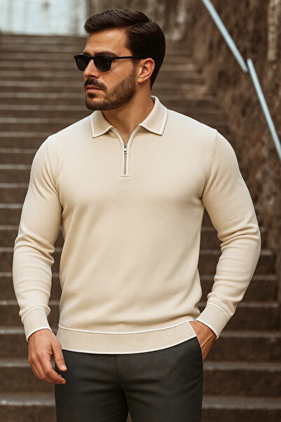 comstar Men's Trend Zippered Long Sleeve Cream Polo Neck Sweater