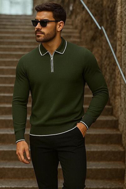 comstar Men's Trend Zippered Long Sleeve Khaki Polo Neck Sweater