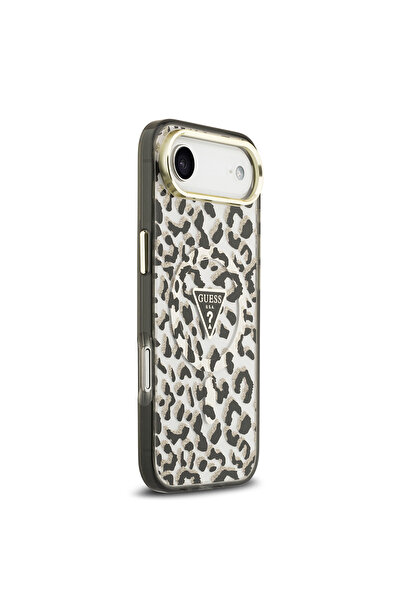 Guess iPhone 17 Air Compatible Case Licensed M-Safeli Triangle Logo Glitter Leopard Pattern Cover Black