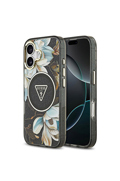 Guess حافظة آيفون 17 مرخصة بنمط زهور فضية مع إطار معدني للكاميرا وشعار مثلث ب...