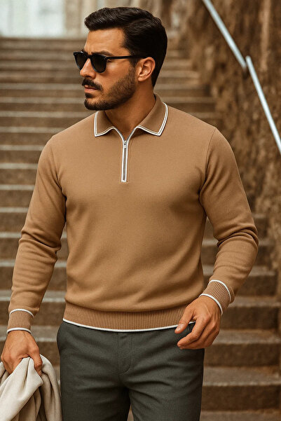 comstar Men's Trend Zippered Long Sleeve Camel Polo Neck Sweater
