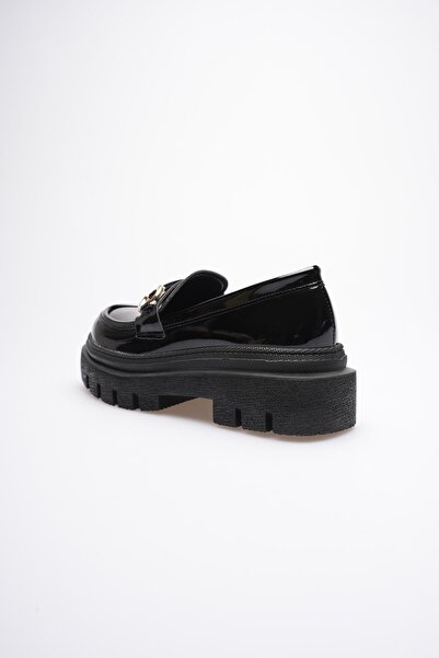 Mubiano Women's Patent Leather Loafer Oxford Thick Comfort Sole Buckle Detailed Black Auren