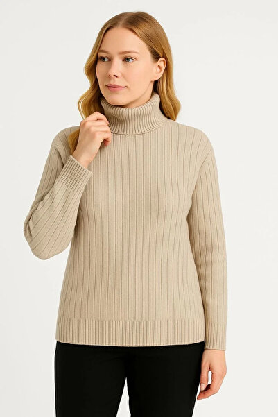 MODA Women's Turtleneck Knitted Sweater Cotton Thick Corded Fabric Woven - Beige