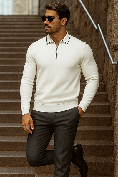 comstar Men's Trend Zippered Long Sleeve White Polo Neck Sweater