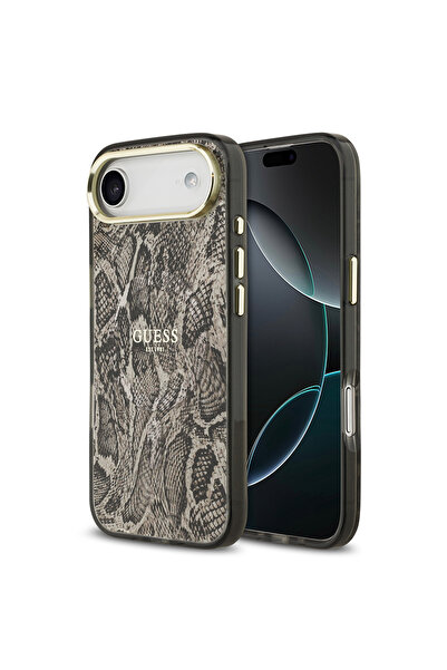 Guess iPhone 17 Air Compatible Case Licensed M-Safeli Lettering Logo Python Pattern Cover Brown