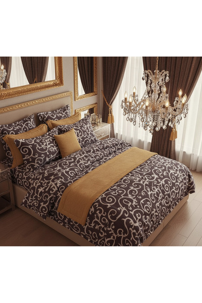 Brava Casa Royal Noir Double Bed Linen, 6 Pieces, Fine, Chocolate Brown with Baroque Pattern, BravaCasa