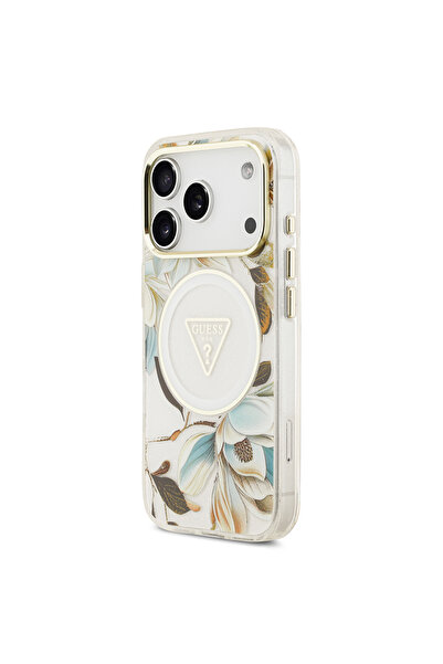 Guess iPhone 17 Pro Case Licensed M-Safeli Glittery Floral Pattern Metal Camera Frame Cover White