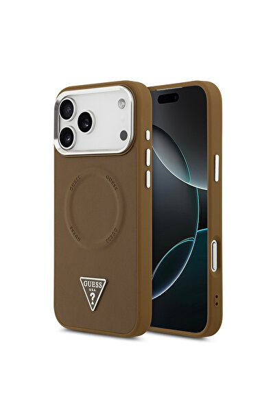 Guess iPhone 17 Pro Case Licensed M-Safeli Pu Leather Metal Camera Frame Triangle Logo Cover Brown