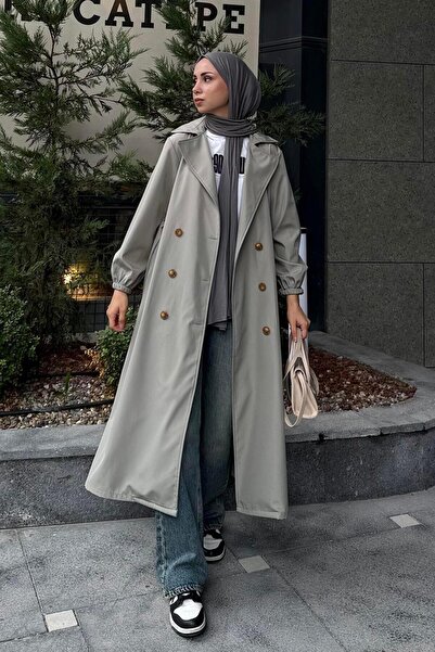 lamelif Trench Coat with Elastic Sleeves Green