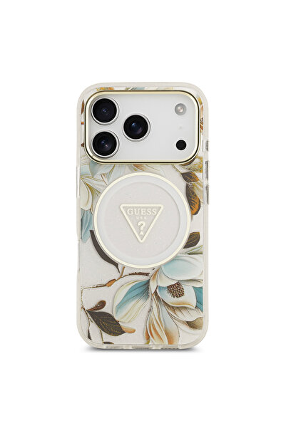 Guess iPhone 17 Pro Case Licensed M-Safeli Glittery Floral Pattern Metal Camera Frame Cover White