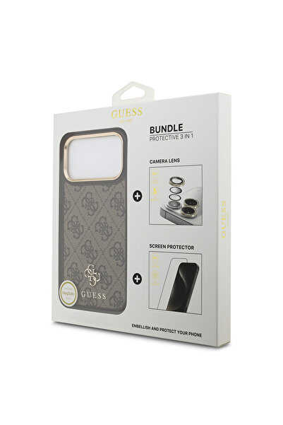 Guess iPhone 17 Pro Max Licensed 4g Text Logo Case & Screen & Lens Protector 3in1 Accessory Set Coffee