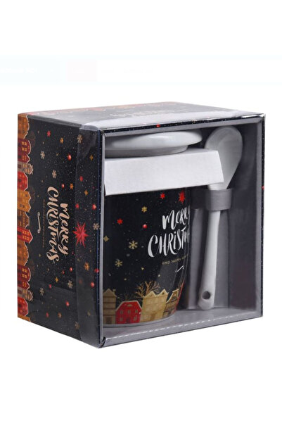 NBPRINT Porcelain Christmas Mug with Lid & Spoon Set "Merry Christmas" - 3pcs