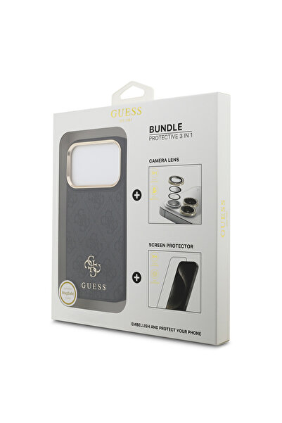 Guess iPhone 17 Pro Licensed 4g and Text Logo Case & Screen & Lens Protector 3in1 Accessory Set Black