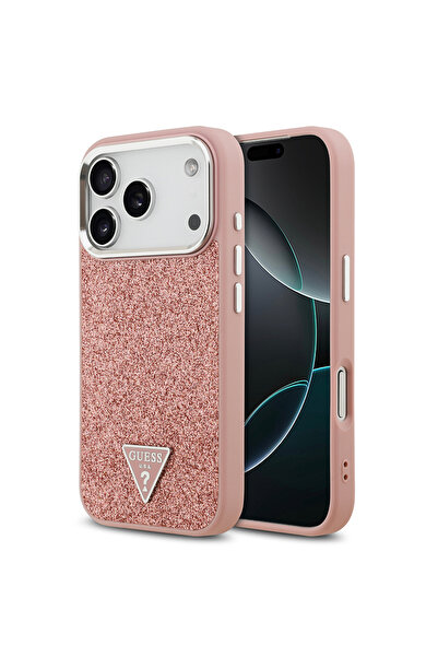 Guess iPhone 17 Pro Compatible Case Licensed M-Safeli Metal Camera Frame Triangle Logo Glitter Pink