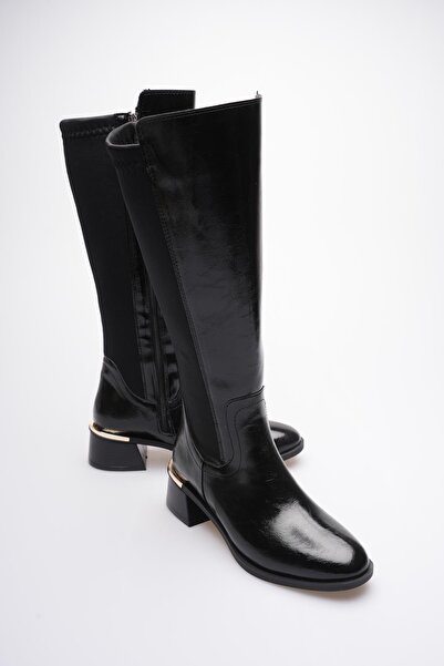 Mubiano Γυναικείες δερμάτινες μπότες με φερμουάρ και λεπτομέρεια χρυσού τακου...