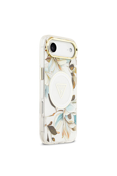 Guess iPhone 17 Air Case Licensed M-Safeli Glittery Floral Pattern Metal Camera Frame Cover White