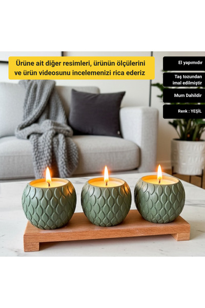 Nigistore Dekoratif Mum Seti Ahşap Standlı Balık Pulu Desenli 4 Parça