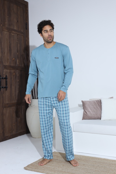 Serena Blue men's pajamas - blouse with buttons and metallic detail, long plaid pants