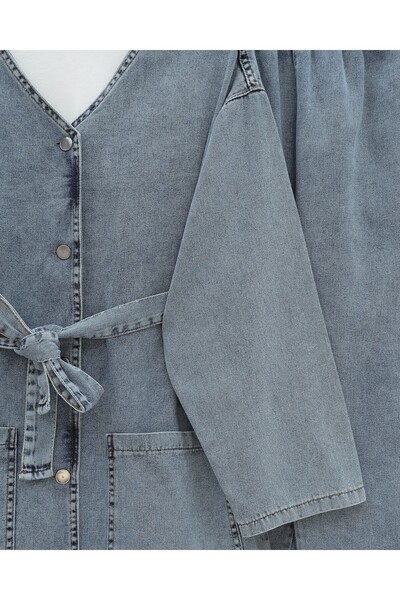 Modamorfo Buttoned Front Double Pocket Belted Denim Suit - Ice Blue