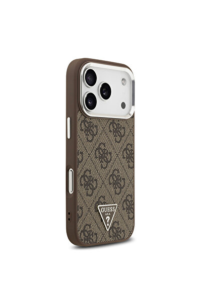 Guess iPhone 17 Pro Case Licensed M-Safeli Silver with Camera Frame Triangle Logo 4g Patterned Brown