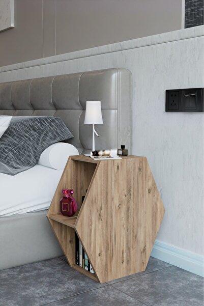 alpaevmobilya Altıgen Tasarım Komodin, Modern Yatak Odası Başucu Sehpası, Dekoratif Kitaplık, Raflı Komodin