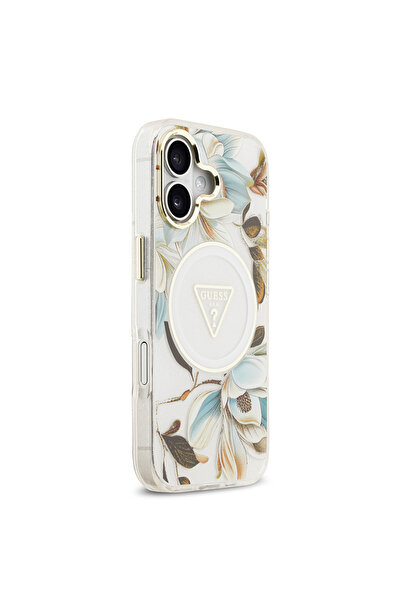 Guess iPhone 17 Case Licensed M-Safeli Glittery Floral Pattern Metal Camera Frame Triangle Logo White