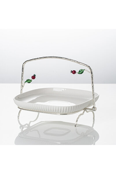 Malooki Porcelain serving platter with decorated metal stand, 29.5 cm