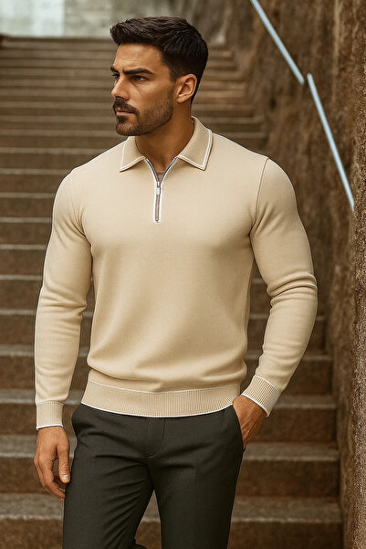comstar Men's Trend Zippered Long Sleeve Beige Polo Neck Sweater