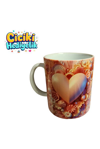 ciciki hediyelik Heart Printed 3D Design Ceramic Mug - Gift Mug