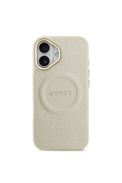 Guess iPhone 17 Compatible Case Licensed M-Safe Feature Hot Printing Lettering Logo Pu Leather Peony Cover Beige