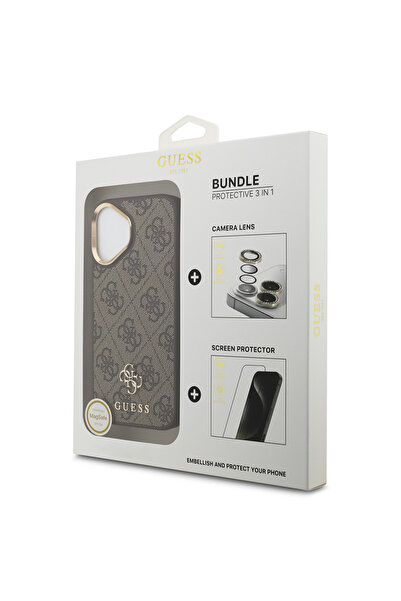Guess iPhone 17 Lisanslı 4G Yazı Logolu Kılıf&Ekran&Lens Koruyucu 3in1 Aksesuar Seti Kahverengi
