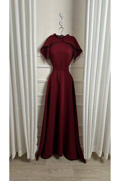 BURGUNDY Burgundy crepe dress with crystal fringe sleeves from the Burgundy brand
