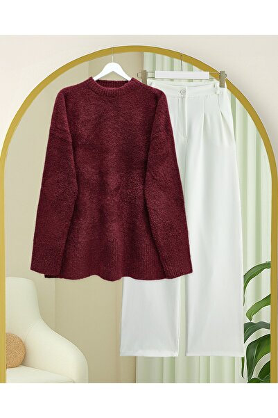 Modamorfo Pulover tricotat casual cu gât rotund - Burgundy