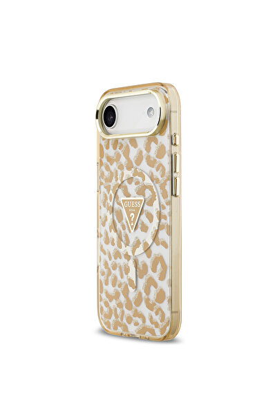 Guess iPhone 17 Air Compatible Case Licensed M-Safeli Triangle Logo Glitter Leopard Pattern Brown