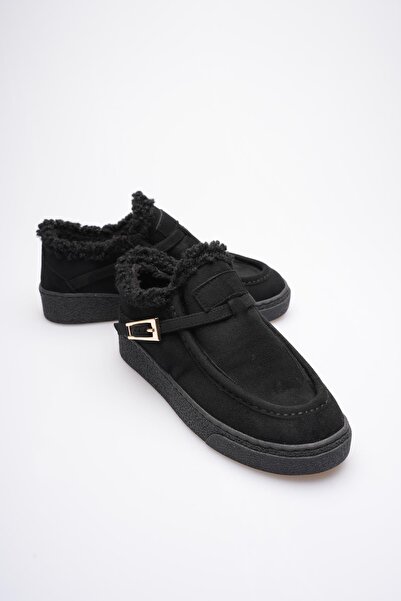 Mubiano Women's Suede Loafer Shoes with Fur Buckle Black Selva