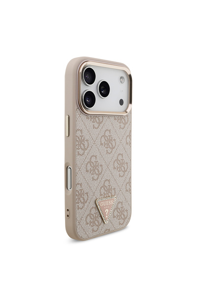 Guess iPhone 17 Pro Case Licensed M-Safeli Gold Camera Frame with Stone Triangle Logo 4g Patterned Pink