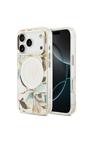 Guess iPhone 17 Pro Case Licensed M-Safeli Glittery Floral Pattern Metal Camera Frame Cover White