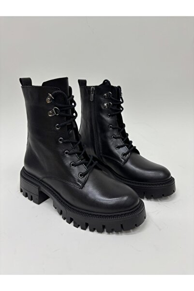 TİME Hakiki Deri Kadın Postal Bot Fermuarlı Bağcıklı Tırtıklı Taban Siyah