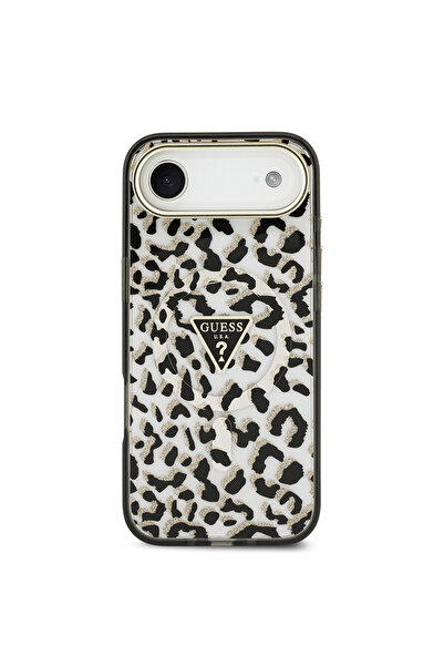 Guess iPhone 17 Air Compatible Case Licensed M-Safeli Triangle Logo Glitter Leopard Pattern Cover Black