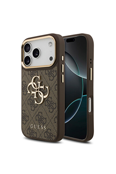 Guess iPhone 17 Pro Kılıf Lisanslı Gold Kamera Çerçeveli 4G Desenli Büyük 4G ve Yazı Logolu Kahve