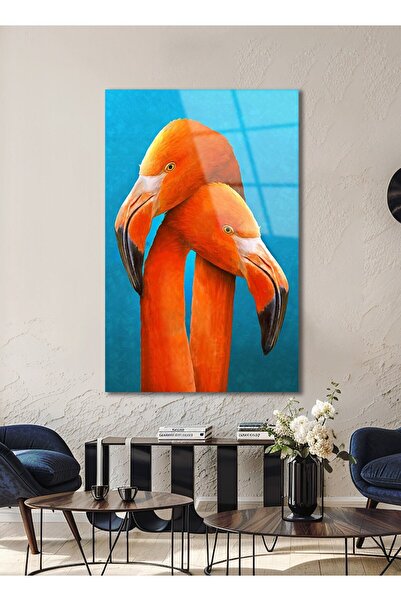 Mavi Turuncu Flamingo Çifti Romantik Hediyelik Dikey Cam Tablo