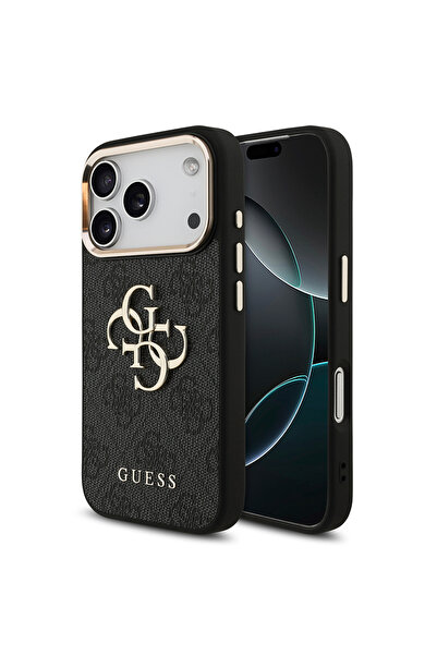 Guess iPhone 17 Pro Case Licensed Gold with Camera Frame 4g Patterned Large 4g and Text Logo Black