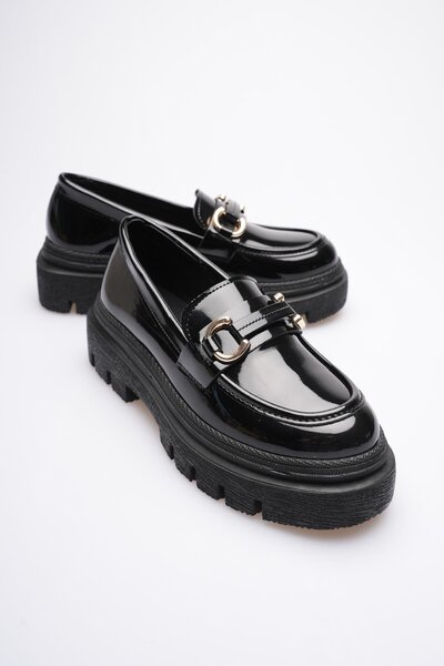 Mubiano Women's Patent Leather Loafer Oxford Thick Comfort Sole Buckle Detailed Black Auren