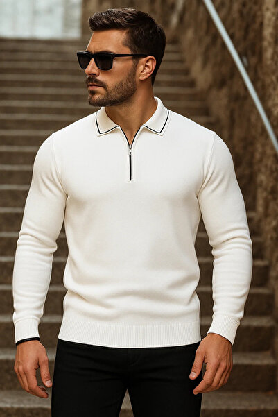 comstar Men's Trend Zippered Long Sleeve White Polo Neck Sweater