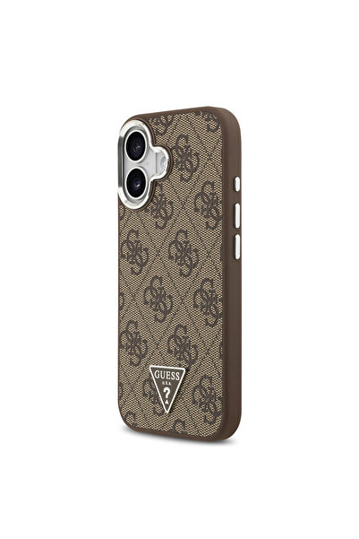 Guess iPhone 17 Case Licensed M-Safeli Silver Camera Frame Triangle Logo 4g Patterned Brown